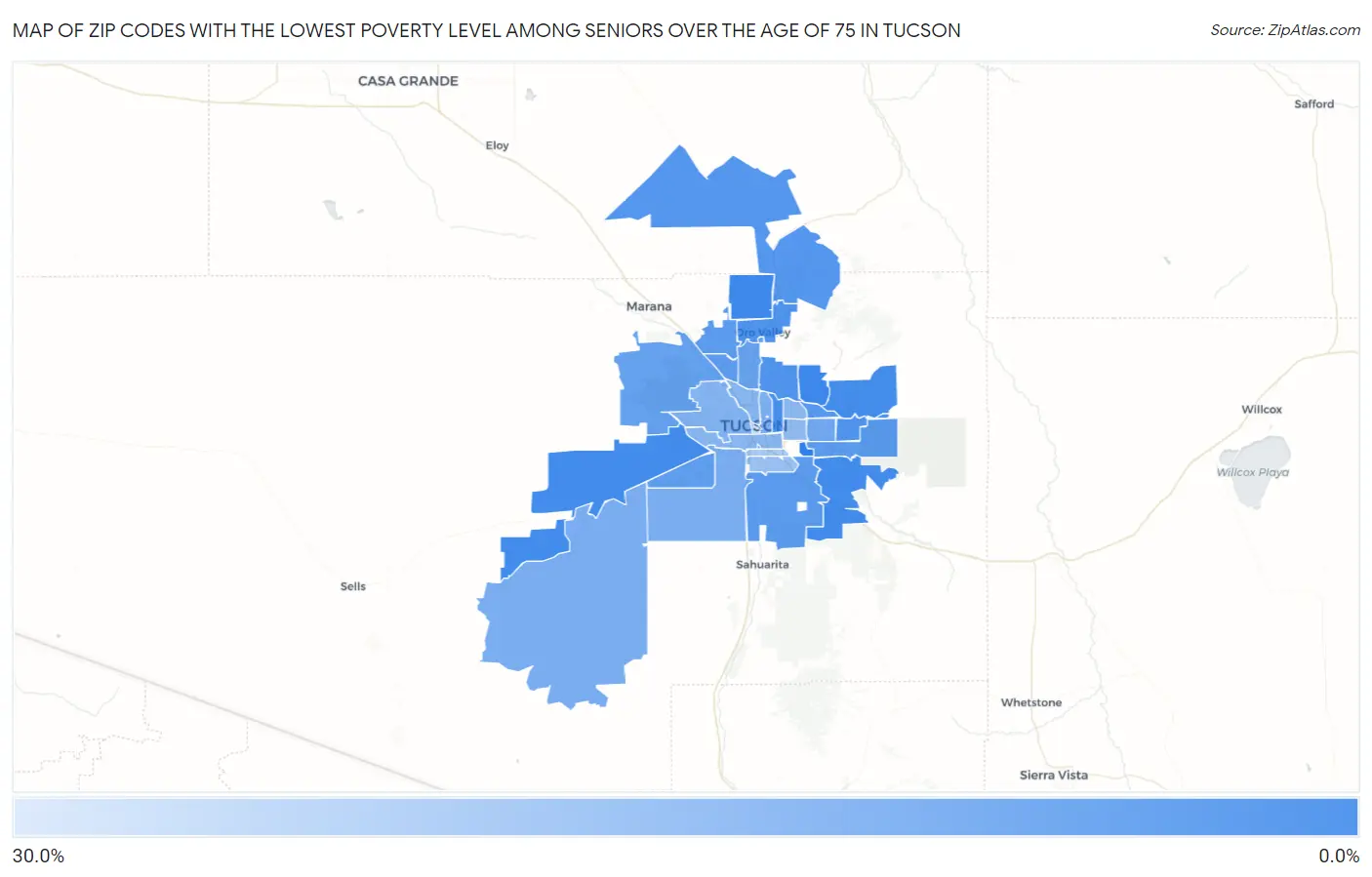 Zip Codes with the Lowest Poverty Level Among Seniors Over the Age of 75 in Tucson Map