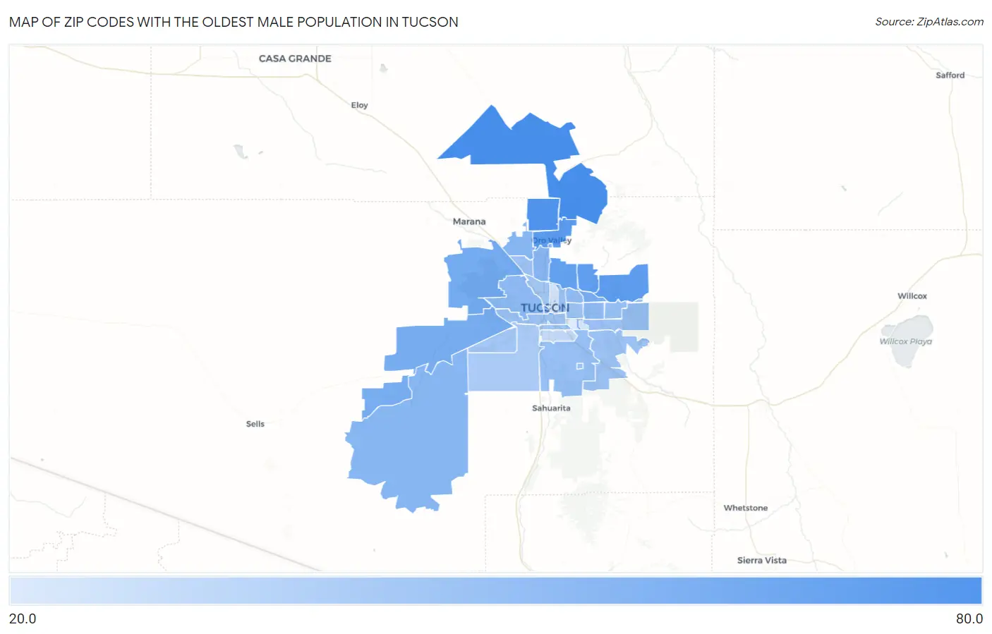 Zip Codes with the Oldest Male Population in Tucson Map