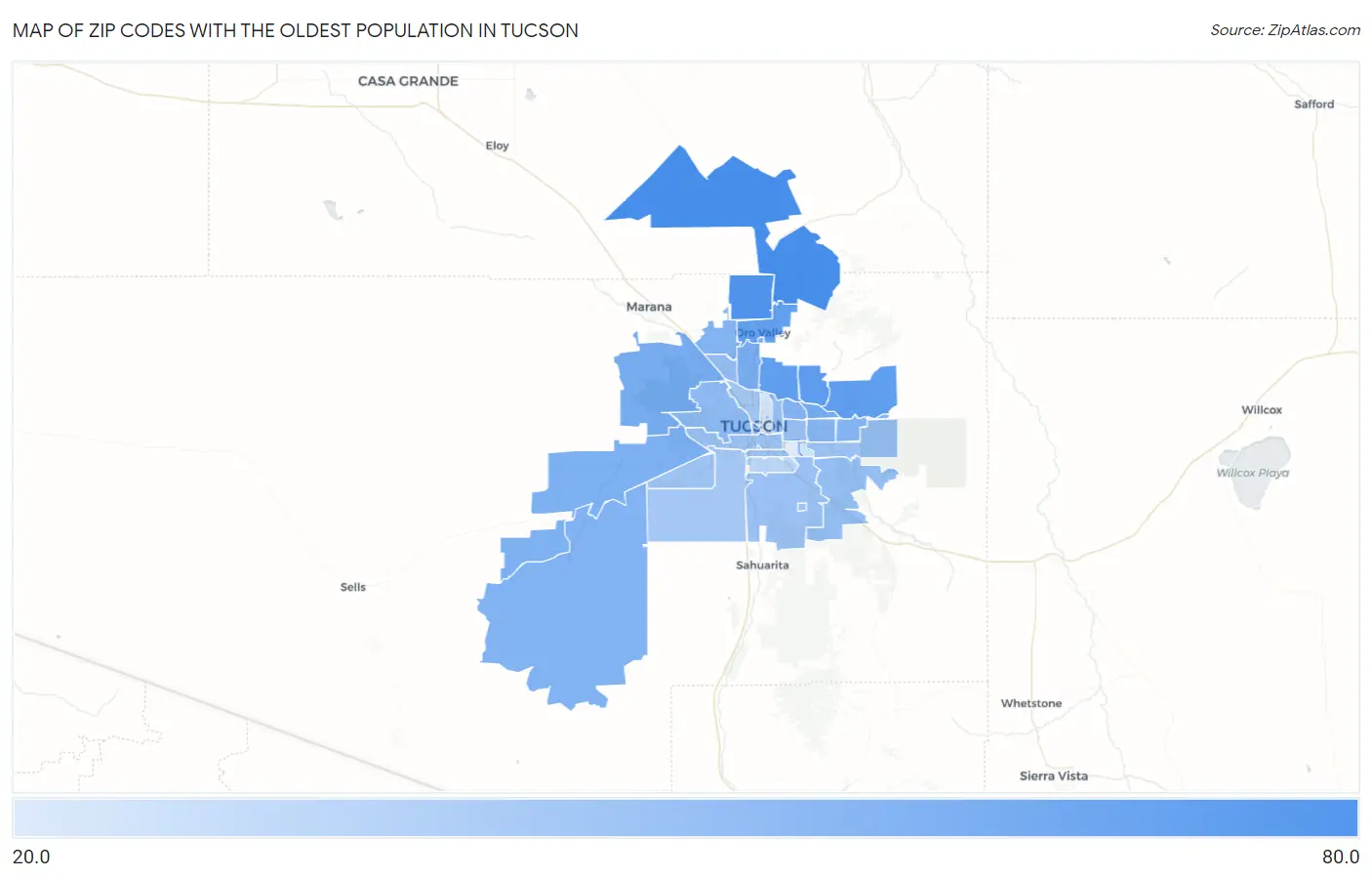 Zip Codes with the Oldest Population in Tucson Map