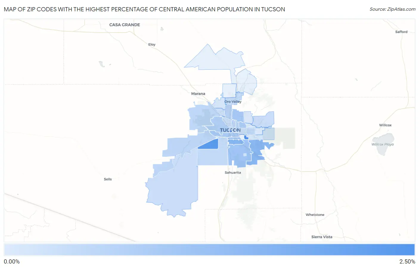 Zip Codes with the Highest Percentage of Central American Population in Tucson Map