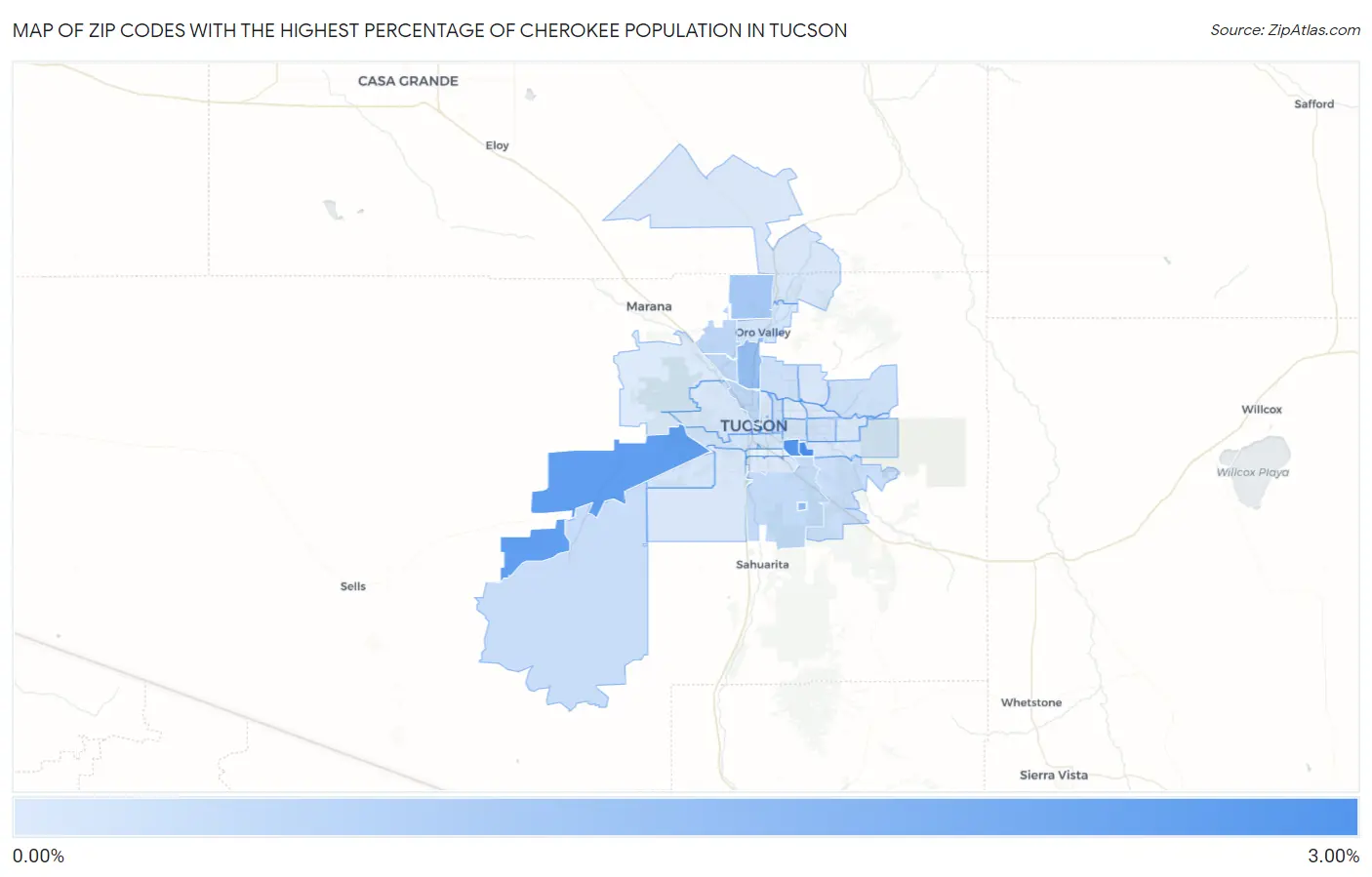 Zip Codes with the Highest Percentage of Cherokee Population in Tucson Map