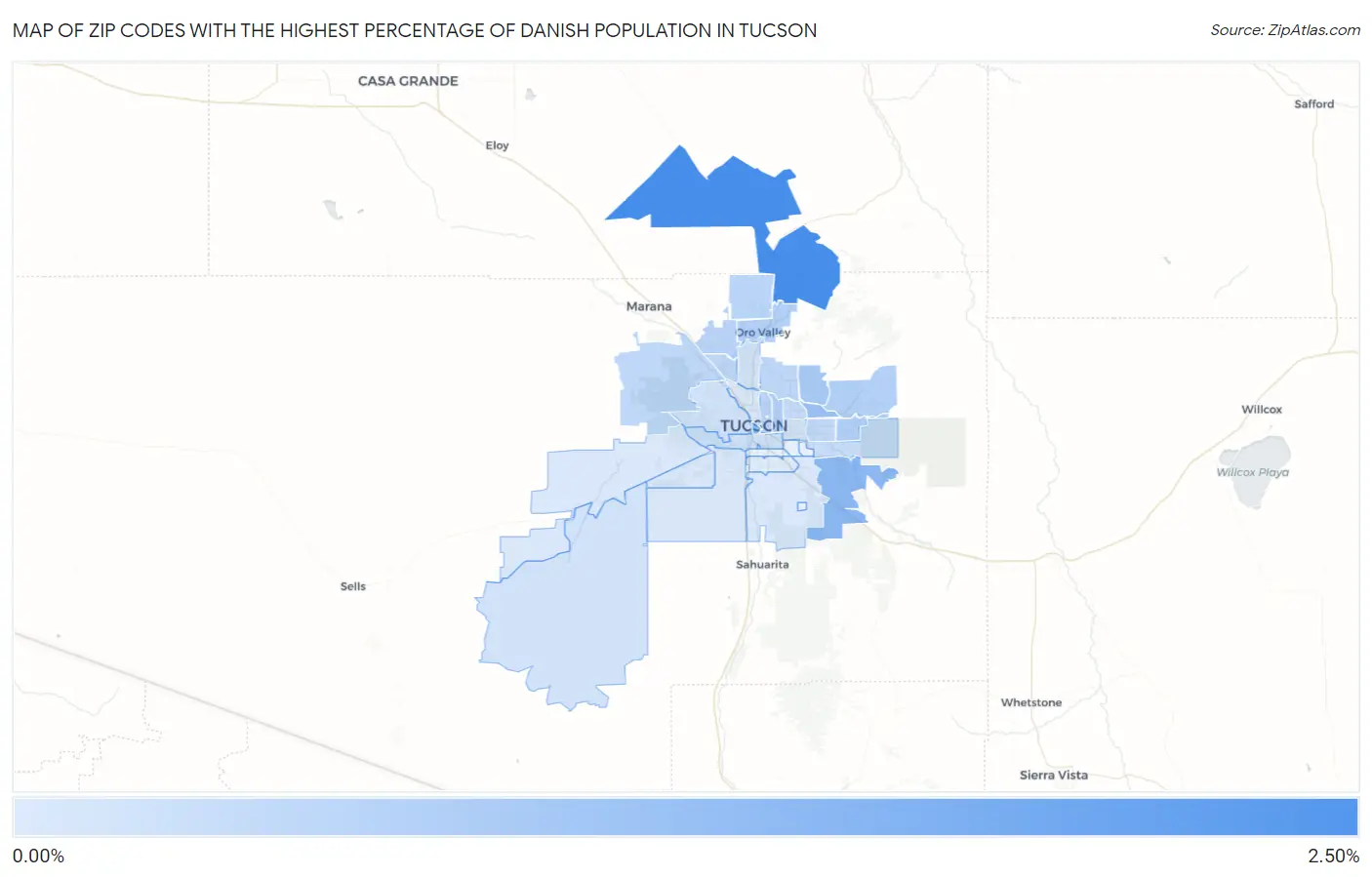 Zip Codes with the Highest Percentage of Danish Population in Tucson Map