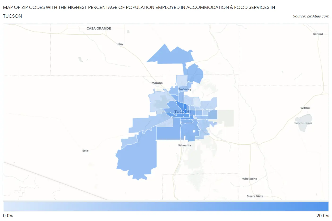Zip Codes with the Highest Percentage of Population Employed in Accommodation & Food Services in Tucson Map
