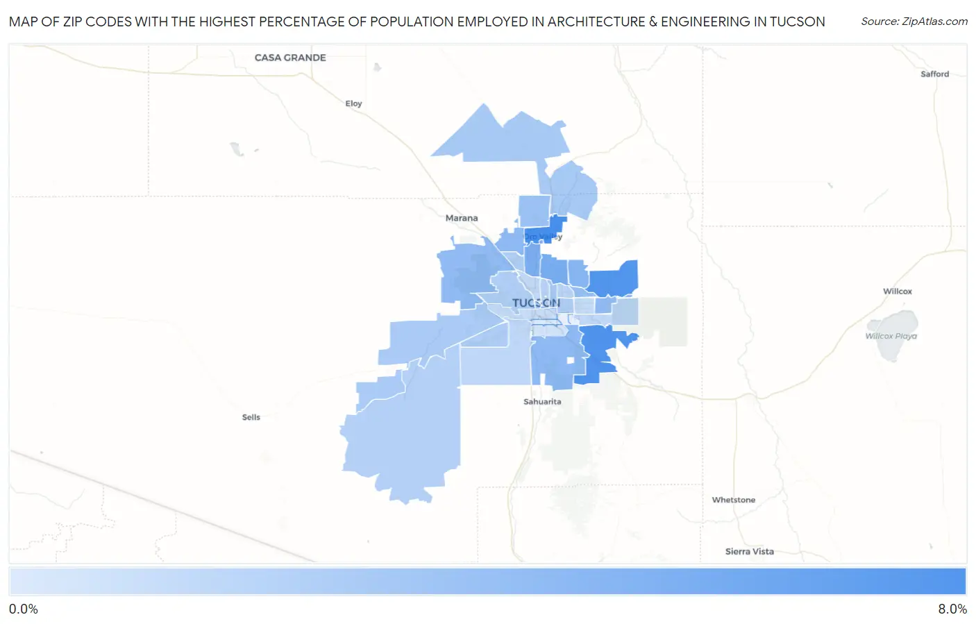 Zip Codes with the Highest Percentage of Population Employed in Architecture & Engineering in Tucson Map