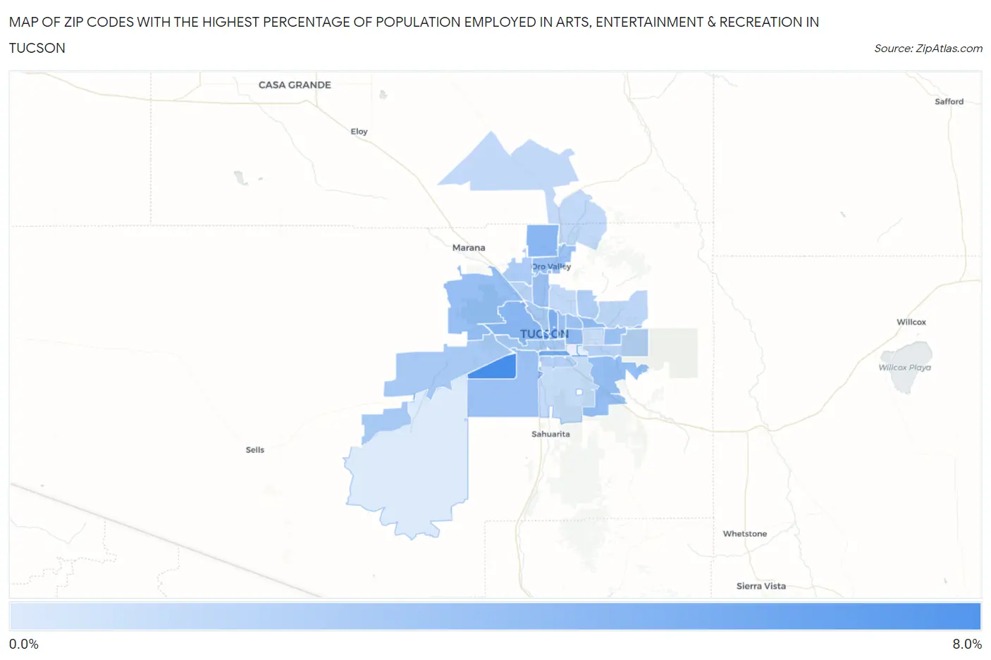 Zip Codes with the Highest Percentage of Population Employed in Arts, Entertainment & Recreation in Tucson Map