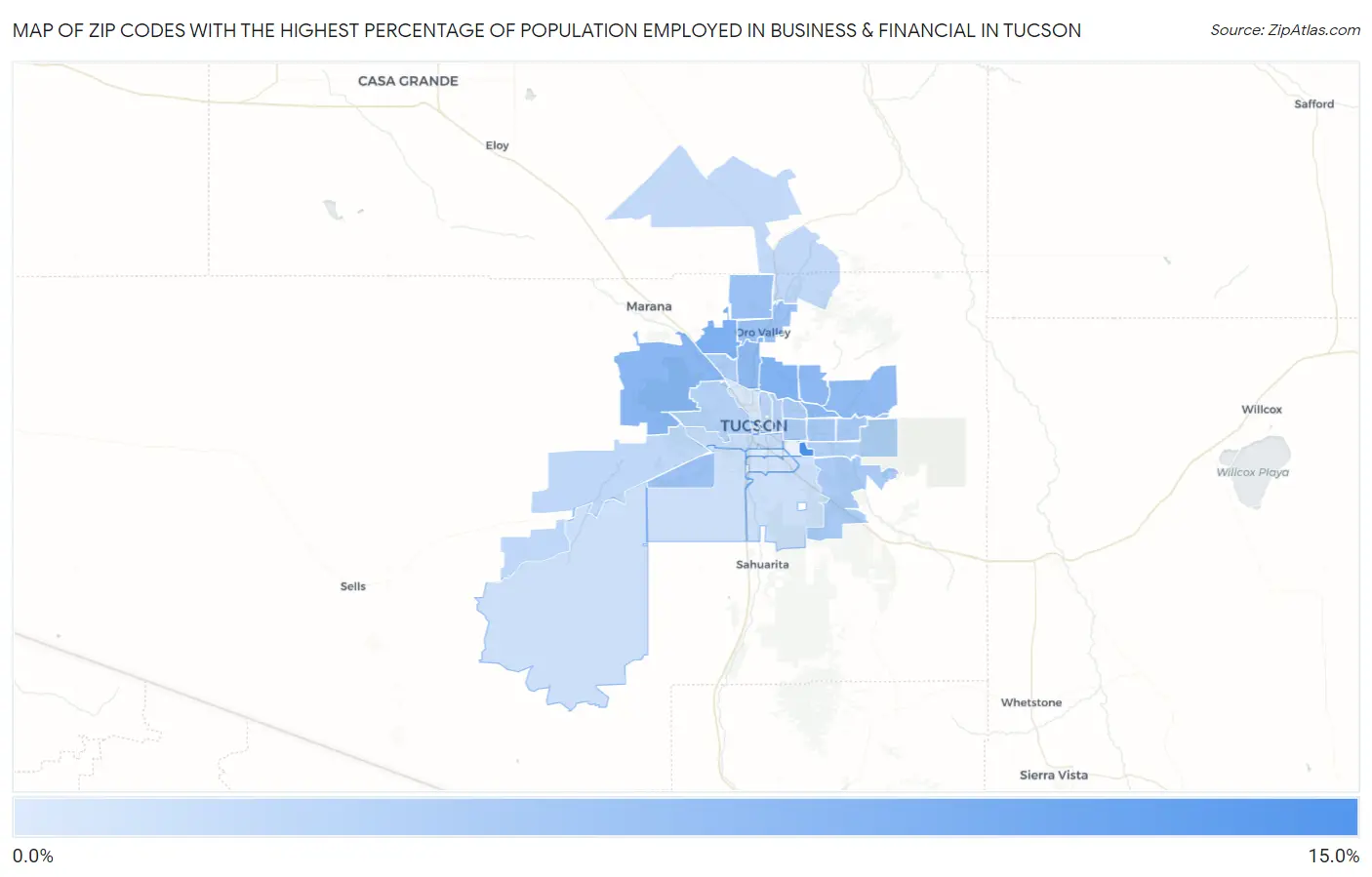 Zip Codes with the Highest Percentage of Population Employed in Business & Financial in Tucson Map