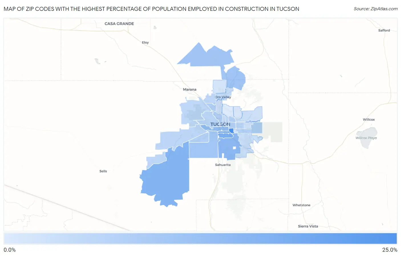 Zip Codes with the Highest Percentage of Population Employed in Construction in Tucson Map