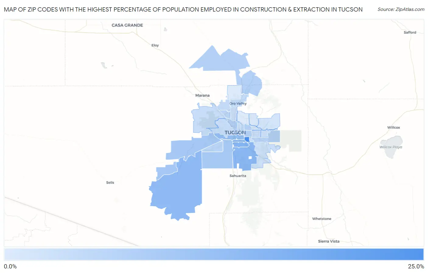 Zip Codes with the Highest Percentage of Population Employed in Construction & Extraction in Tucson Map