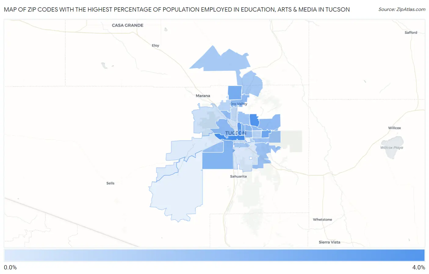 Zip Codes with the Highest Percentage of Population Employed in Education, Arts & Media in Tucson Map