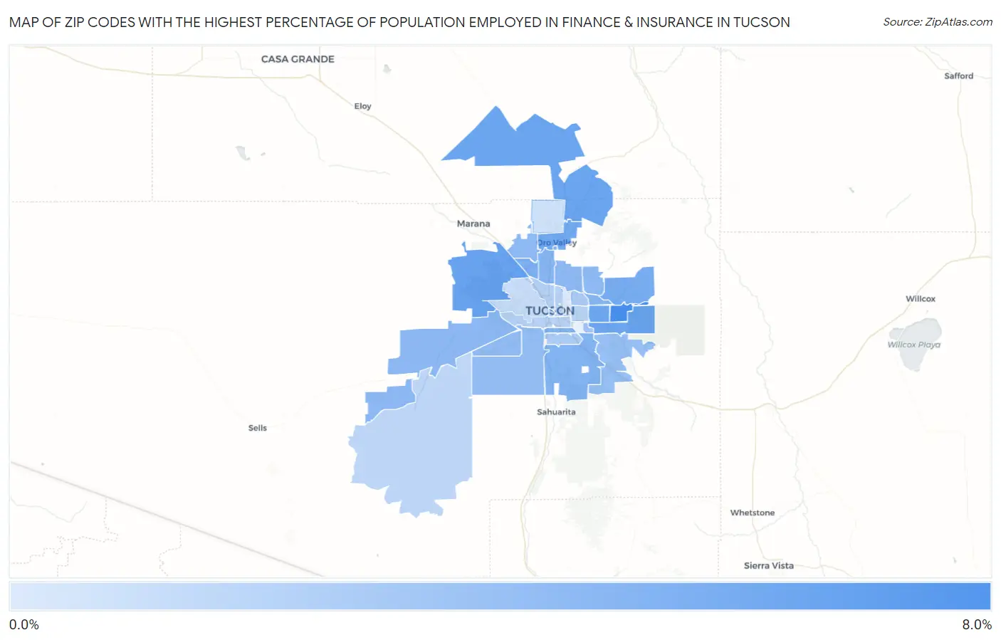 Zip Codes with the Highest Percentage of Population Employed in Finance & Insurance in Tucson Map