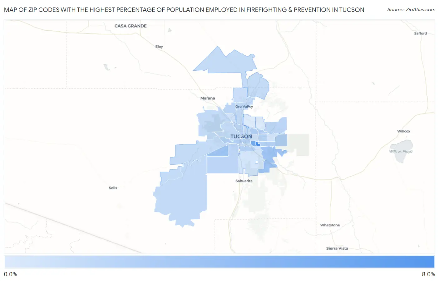 Zip Codes with the Highest Percentage of Population Employed in Firefighting & Prevention in Tucson Map