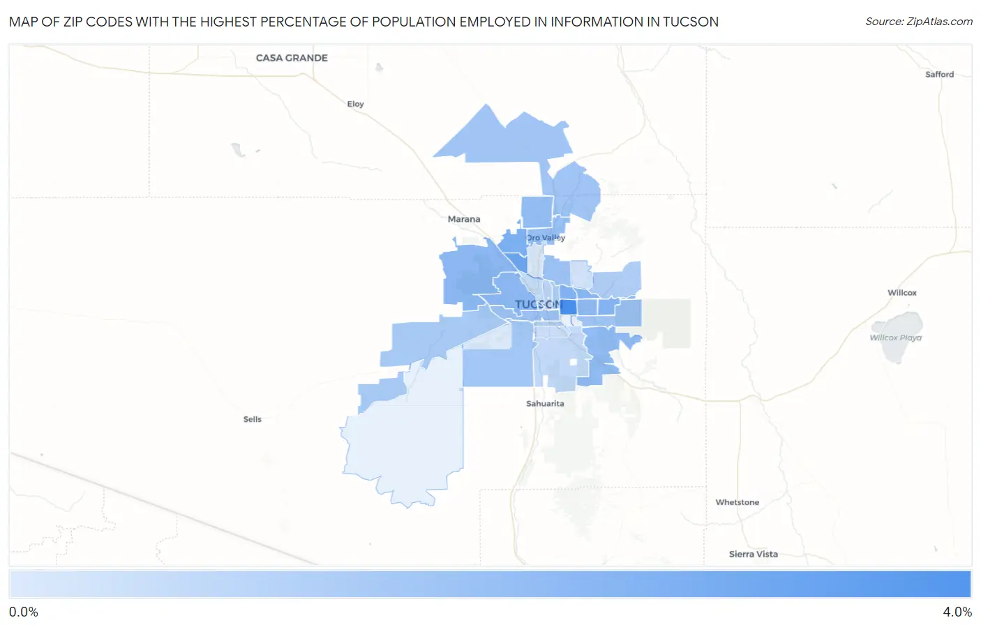 Zip Codes with the Highest Percentage of Population Employed in Information in Tucson Map