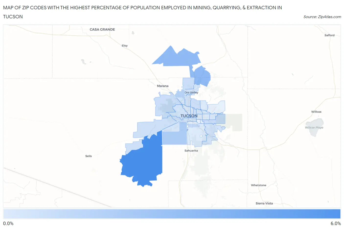 Zip Codes with the Highest Percentage of Population Employed in Mining, Quarrying, & Extraction in Tucson Map