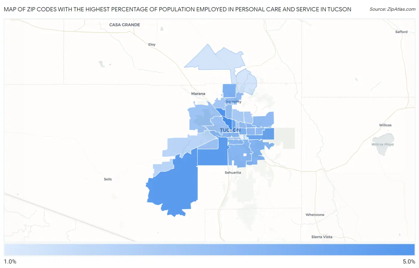 Zip Codes with the Highest Percentage of Population Employed in Personal Care and Service in Tucson Map