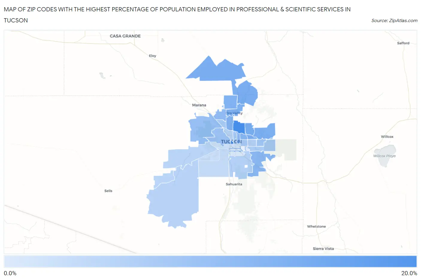 Zip Codes with the Highest Percentage of Population Employed in Professional & Scientific Services in Tucson Map