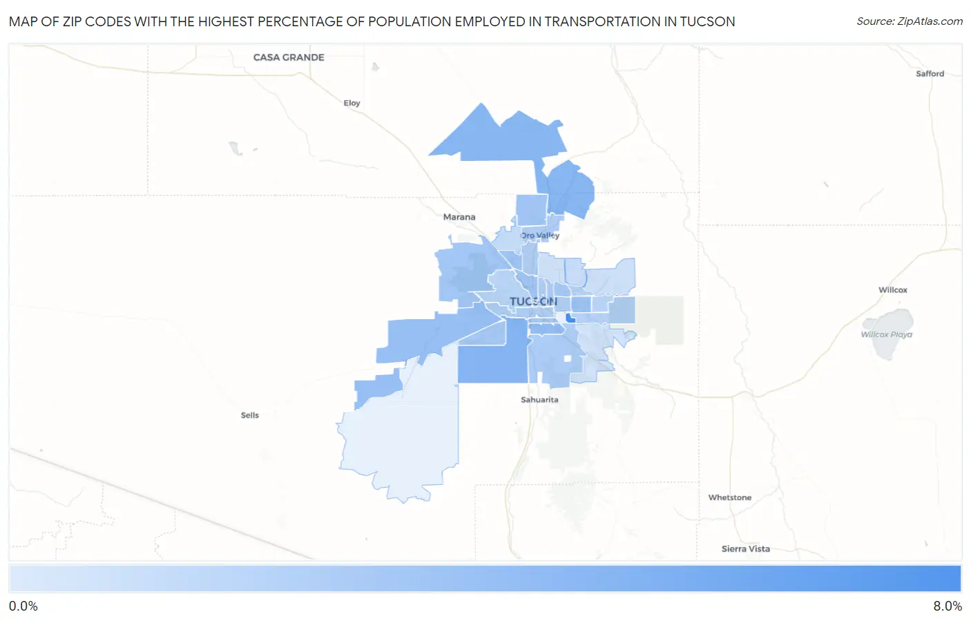 Zip Codes with the Highest Percentage of Population Employed in Transportation in Tucson Map