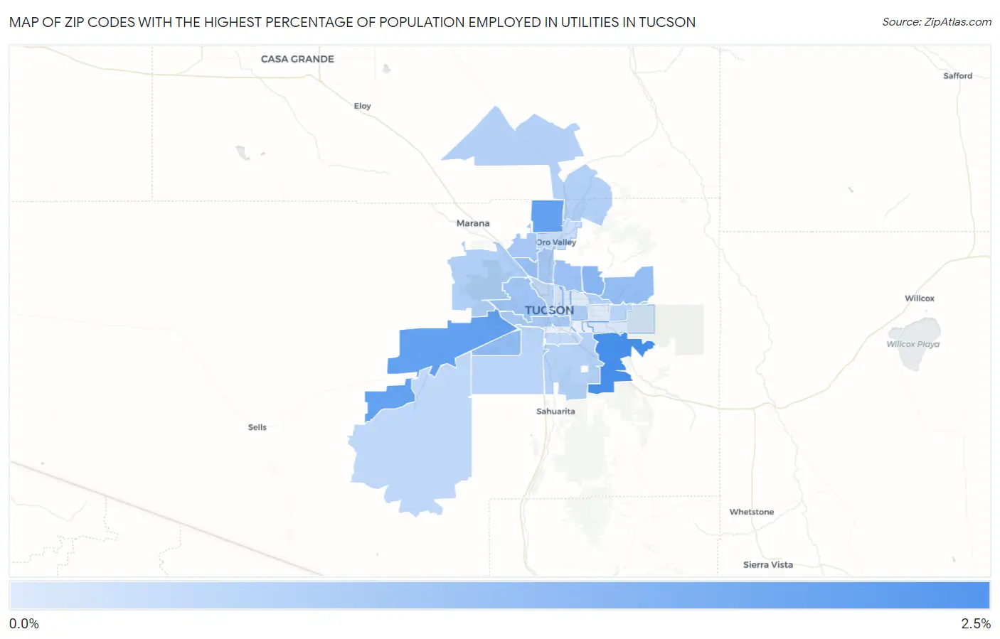 Zip Codes with the Highest Percentage of Population Employed in Utilities in Tucson Map
