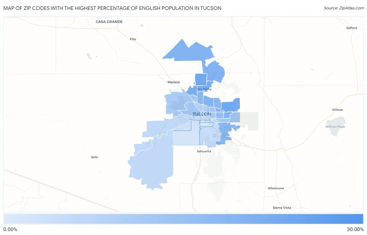 Zip Codes with the Highest Percentage of English Population in Tucson Map