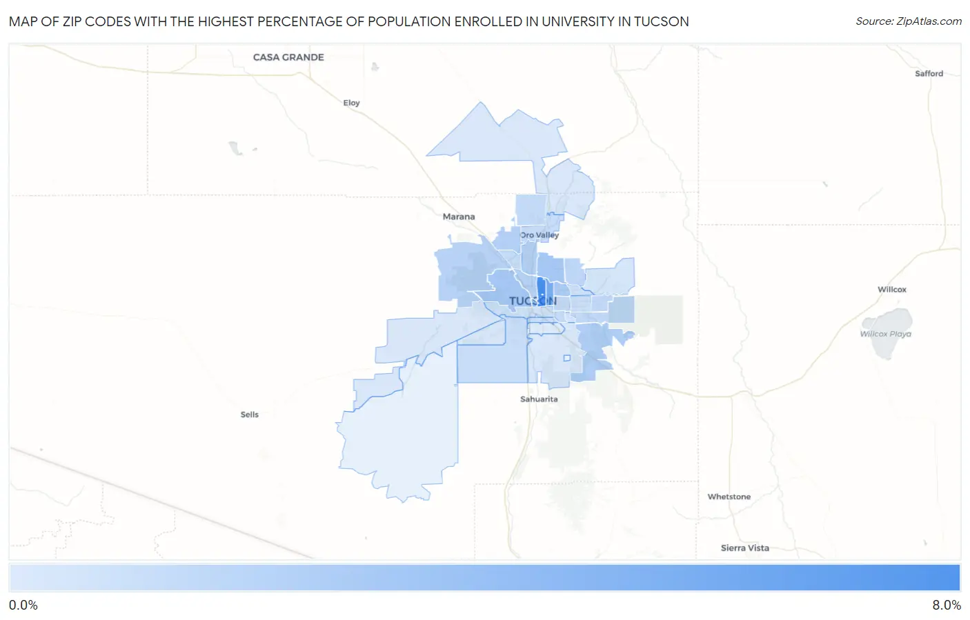 Zip Codes with the Highest Percentage of Population Enrolled in University in Tucson Map