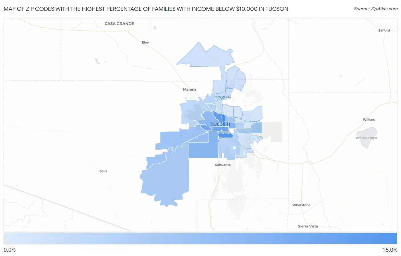 Zip Codes with the Highest Percentage of Families with Income Below $10,000 in Tucson Map