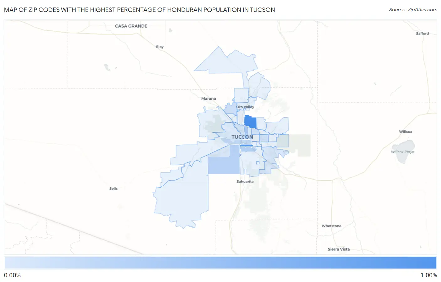 Zip Codes with the Highest Percentage of Honduran Population in Tucson Map