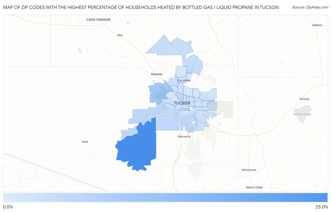 Zip Codes with the Highest Percentage of Households Heated by Bottled Gas / Liquid Propane in Tucson Map