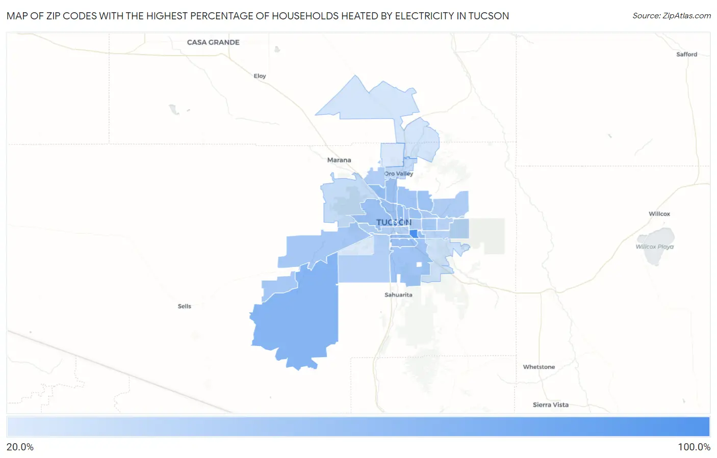 Zip Codes with the Highest Percentage of Households Heated by Electricity in Tucson Map