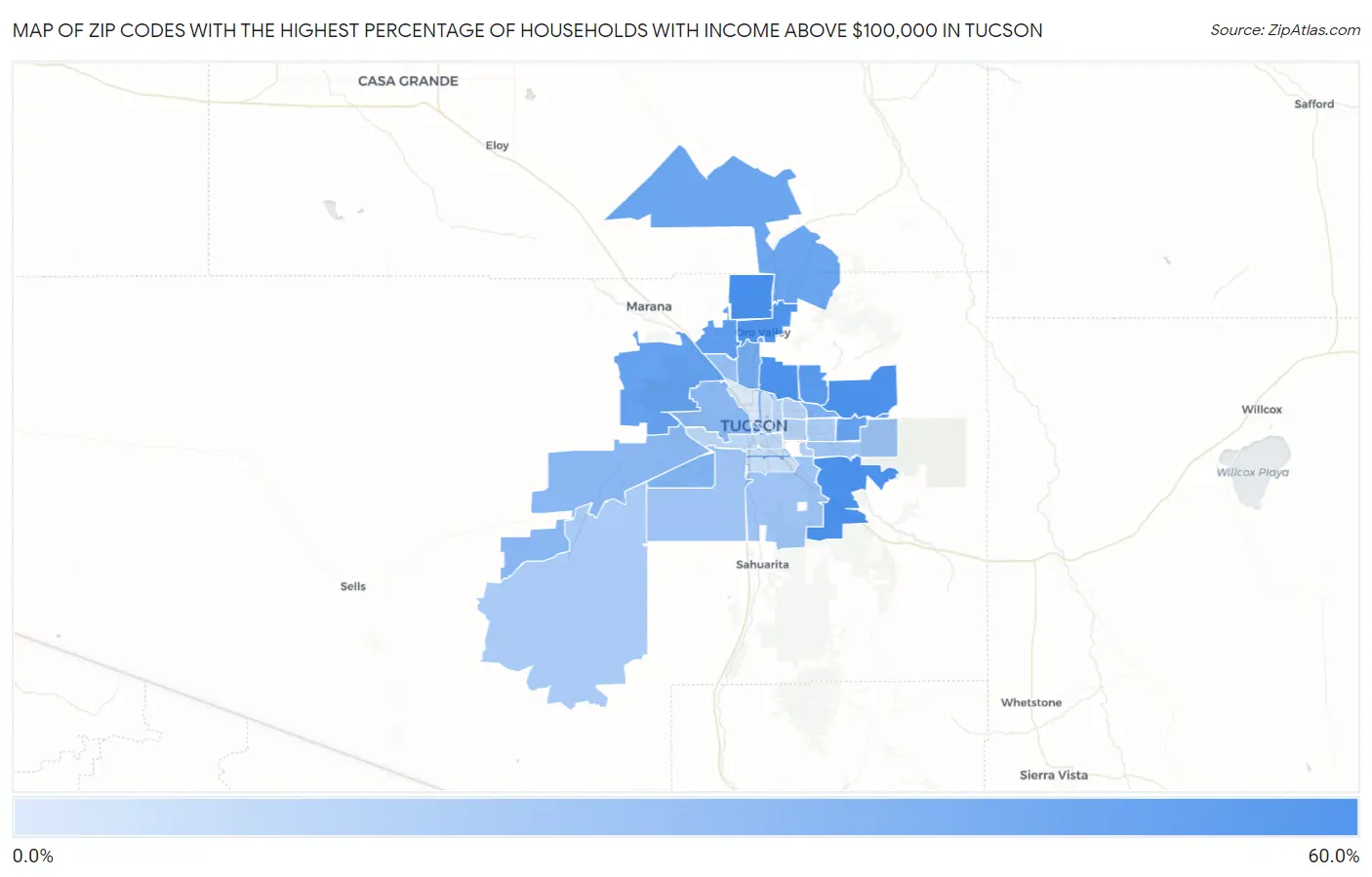 Zip Codes with the Highest Percentage of Households with Income Above $100,000 in Tucson Map