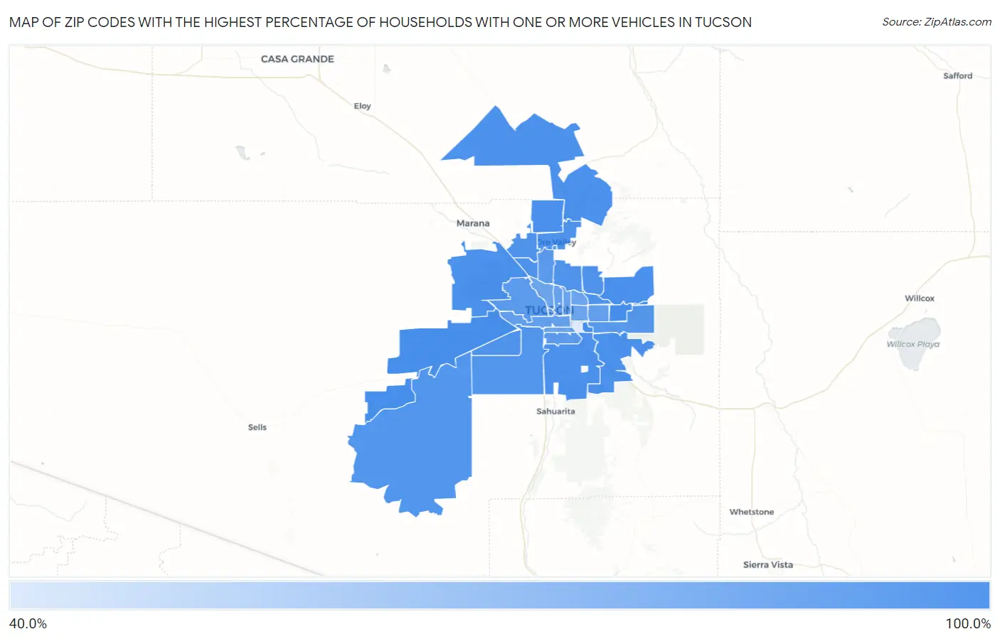 Zip Codes with the Highest Percentage of Households With One or more Vehicles in Tucson Map