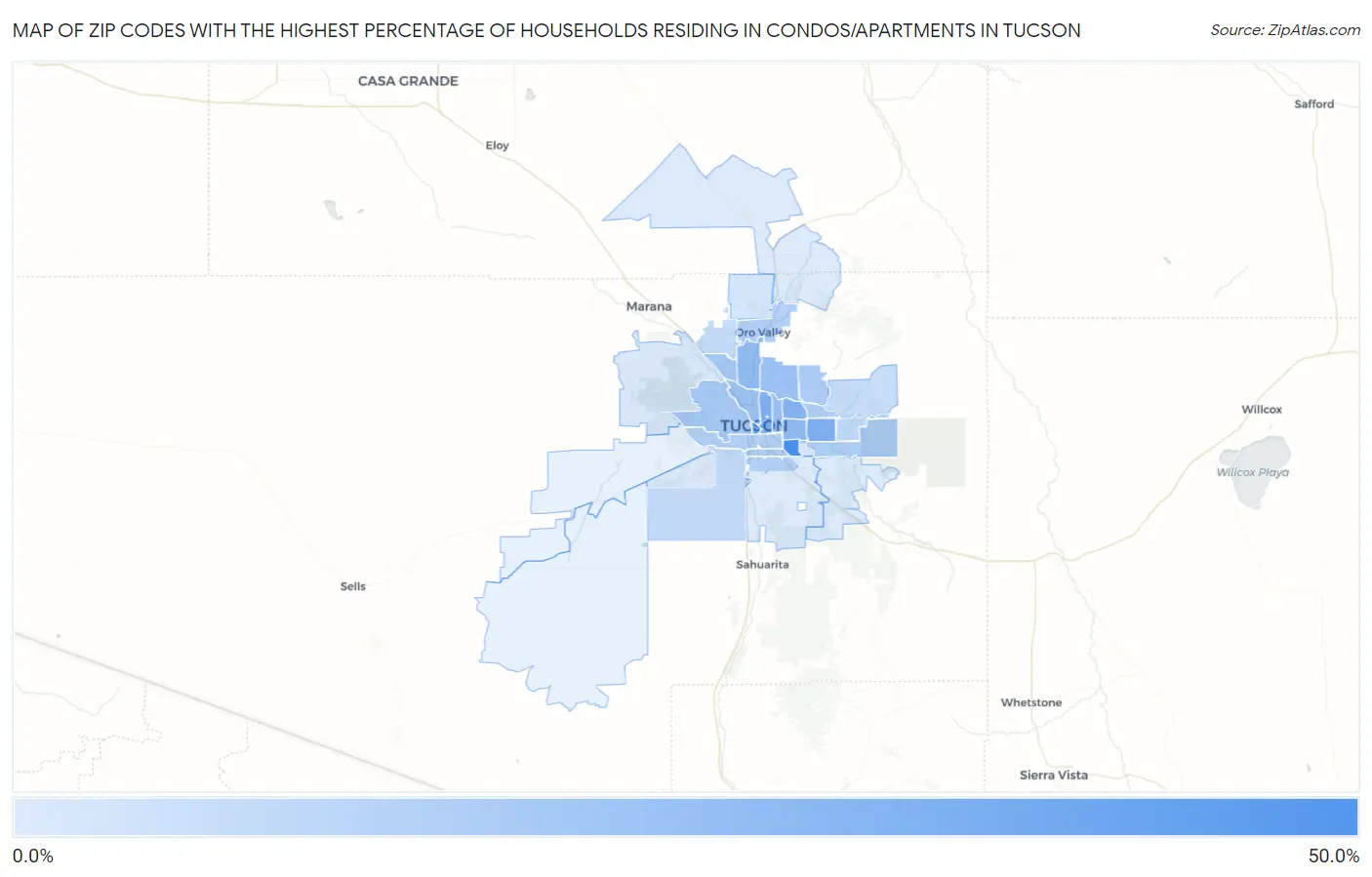 Zip Codes with the Highest Percentage of Households Residing in Condos/Apartments in Tucson Map