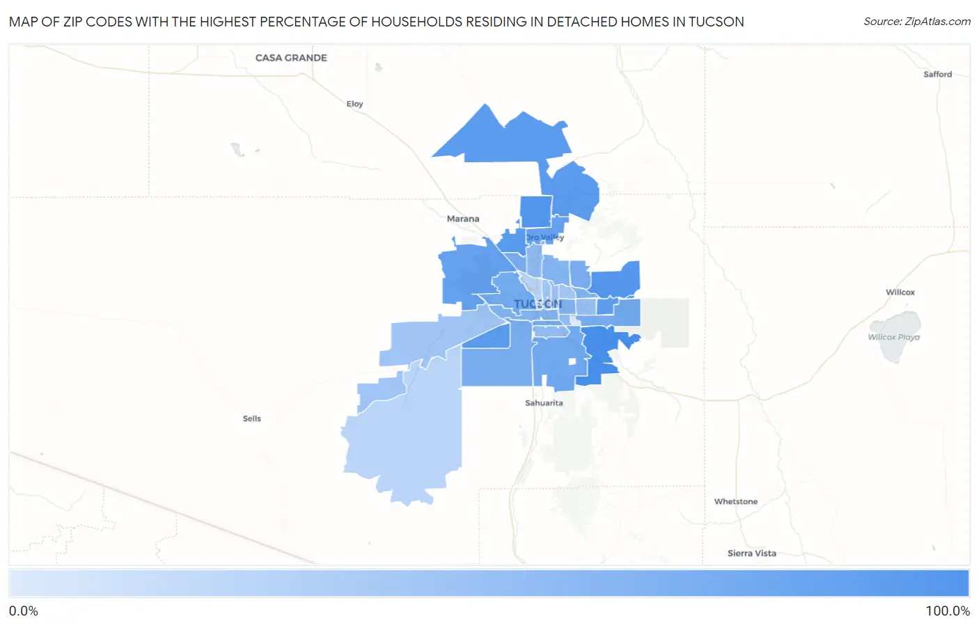 Zip Codes with the Highest Percentage of Households Residing in Detached Homes in Tucson Map