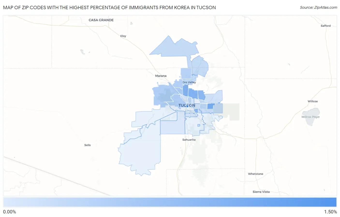 Zip Codes with the Highest Percentage of Immigrants from Korea in Tucson Map