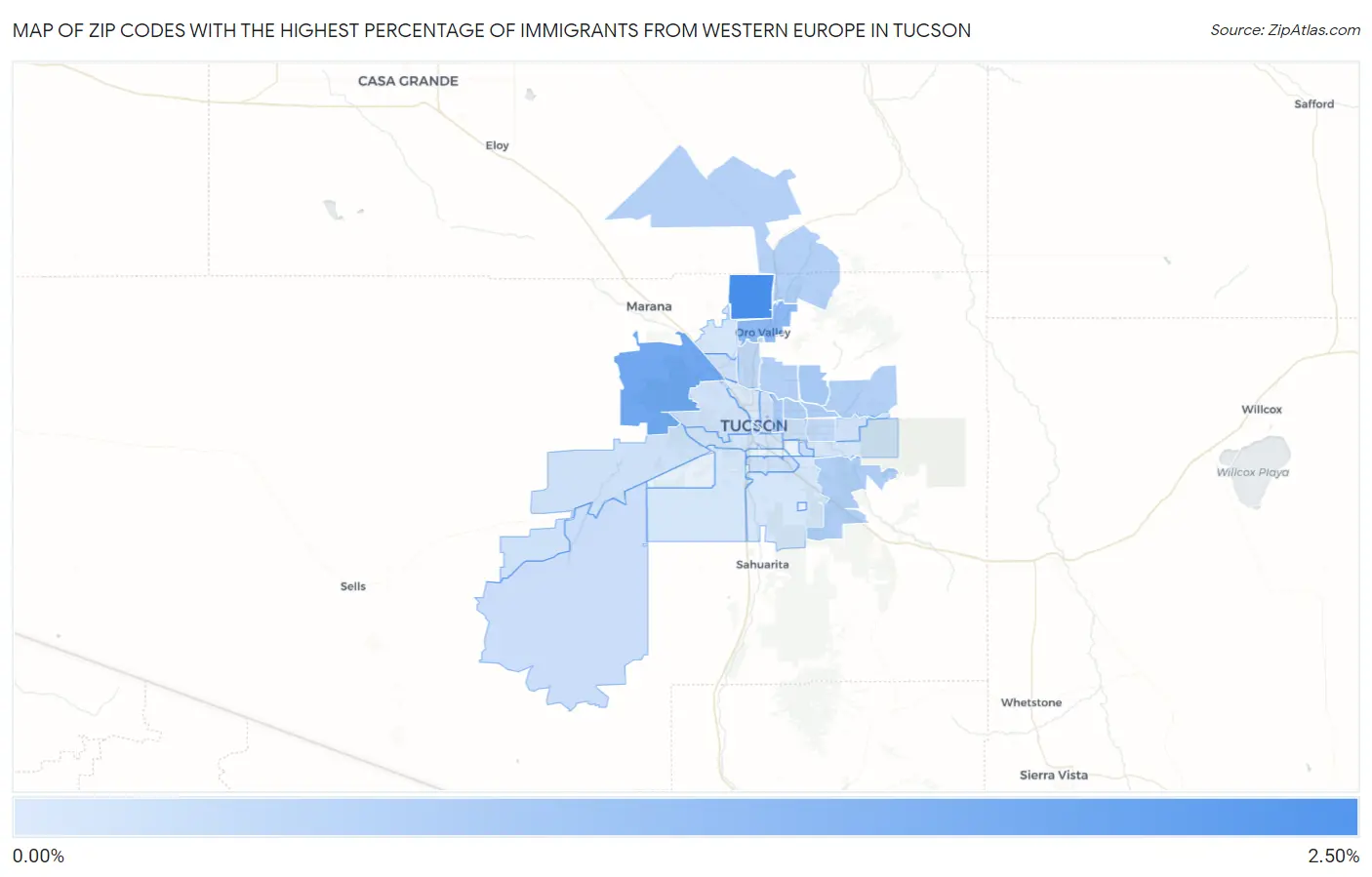 Zip Codes with the Highest Percentage of Immigrants from Western Europe in Tucson Map