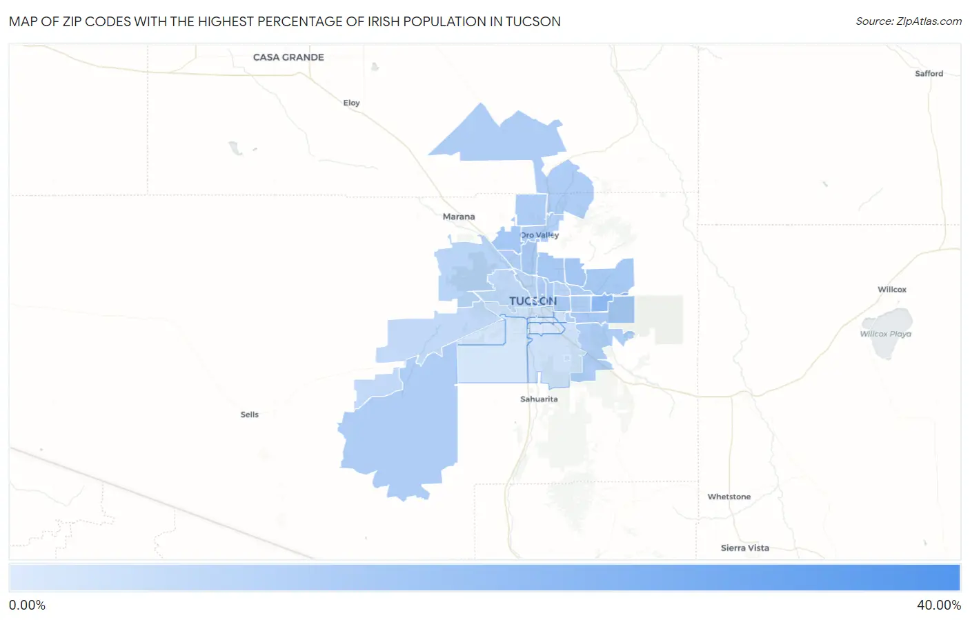 Zip Codes with the Highest Percentage of Irish Population in Tucson Map