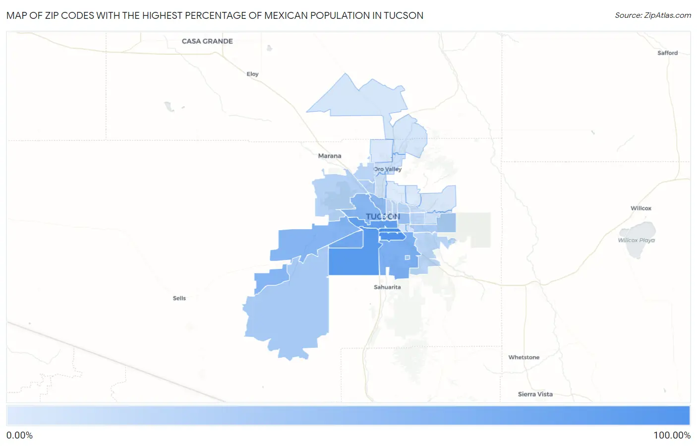 Zip Codes with the Highest Percentage of Mexican Population in Tucson Map