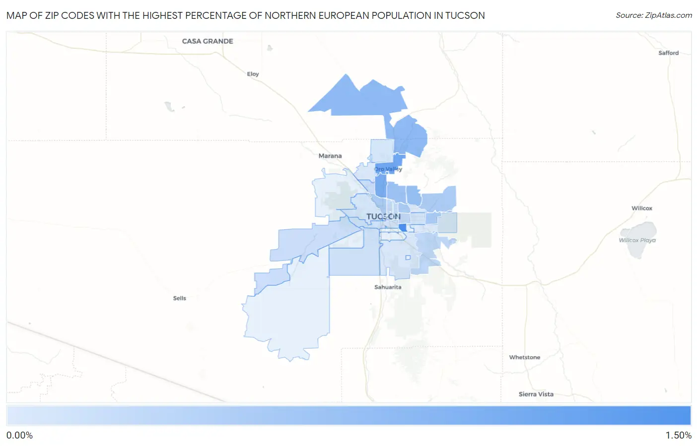 Zip Codes with the Highest Percentage of Northern European Population in Tucson Map