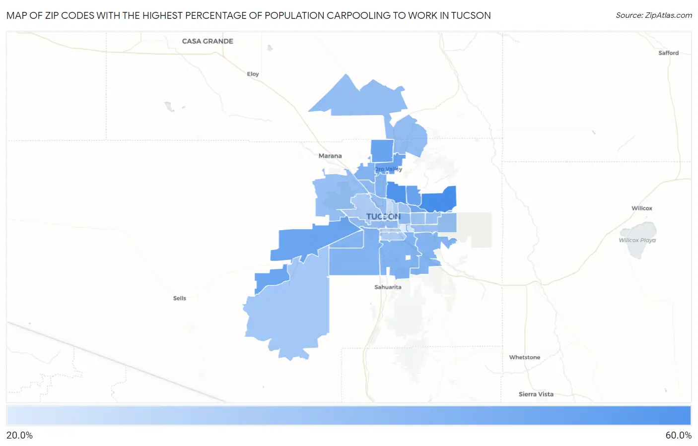 Zip Codes with the Highest Percentage of Population Carpooling to Work in Tucson Map