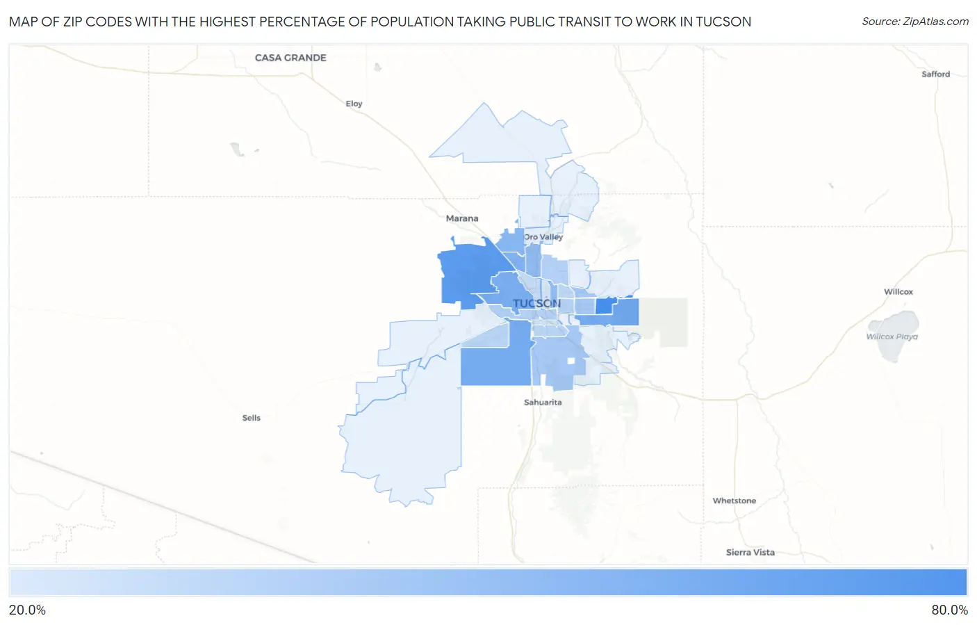 Zip Codes with the Highest Percentage of Population Taking Public Transit to Work in Tucson Map