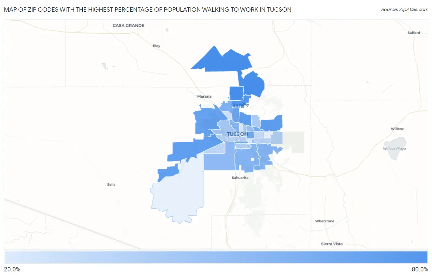 Zip Codes with the Highest Percentage of Population Walking to Work in Tucson Map