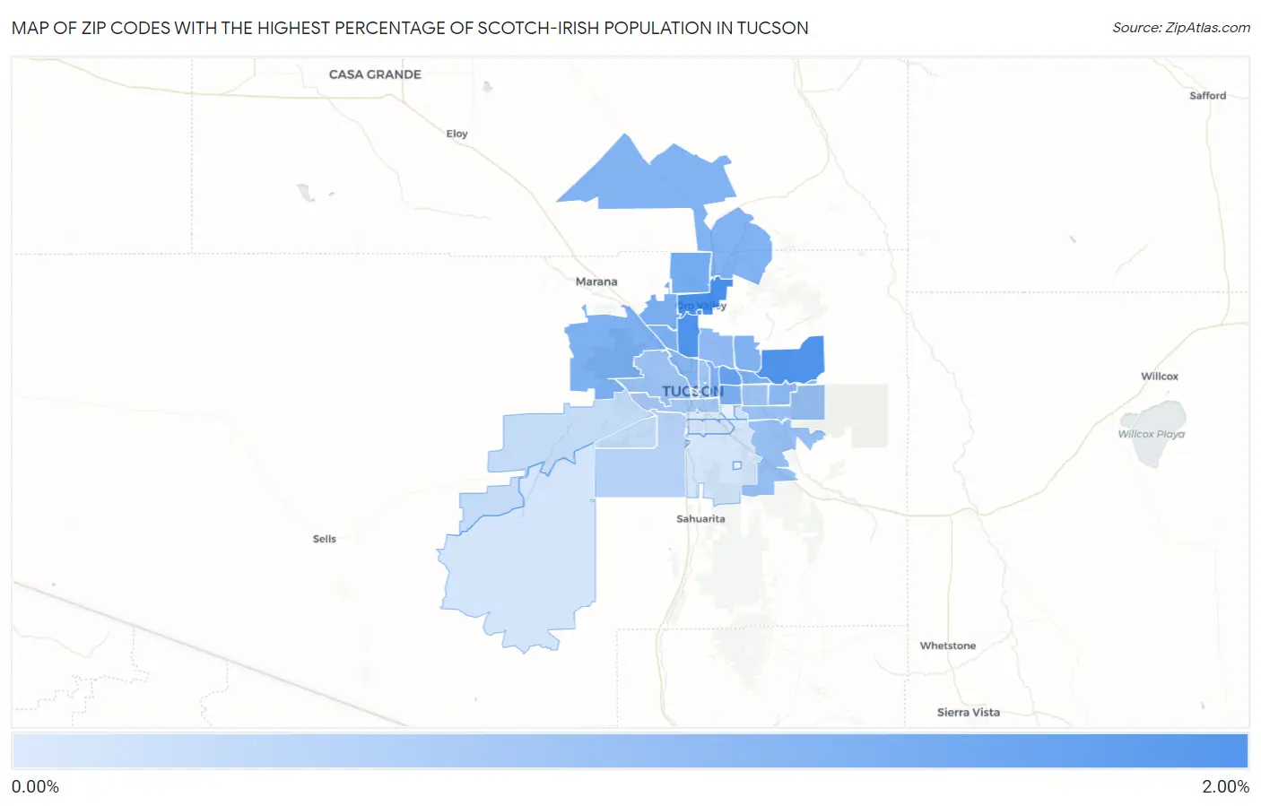Zip Codes with the Highest Percentage of Scotch-Irish Population in Tucson Map