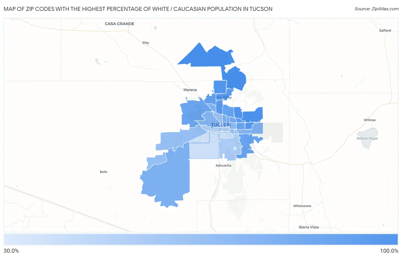 Zip Codes with the Highest Percentage of White / Caucasian Population in Tucson Map