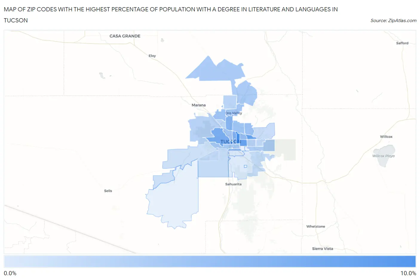 Zip Codes with the Highest Percentage of Population with a Degree in Literature and Languages in Tucson Map