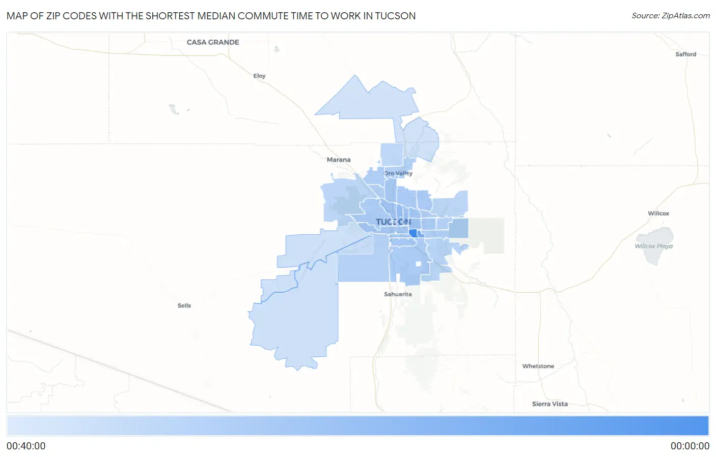 Zip Codes with the Shortest Median Commute Time to Work in Tucson Map