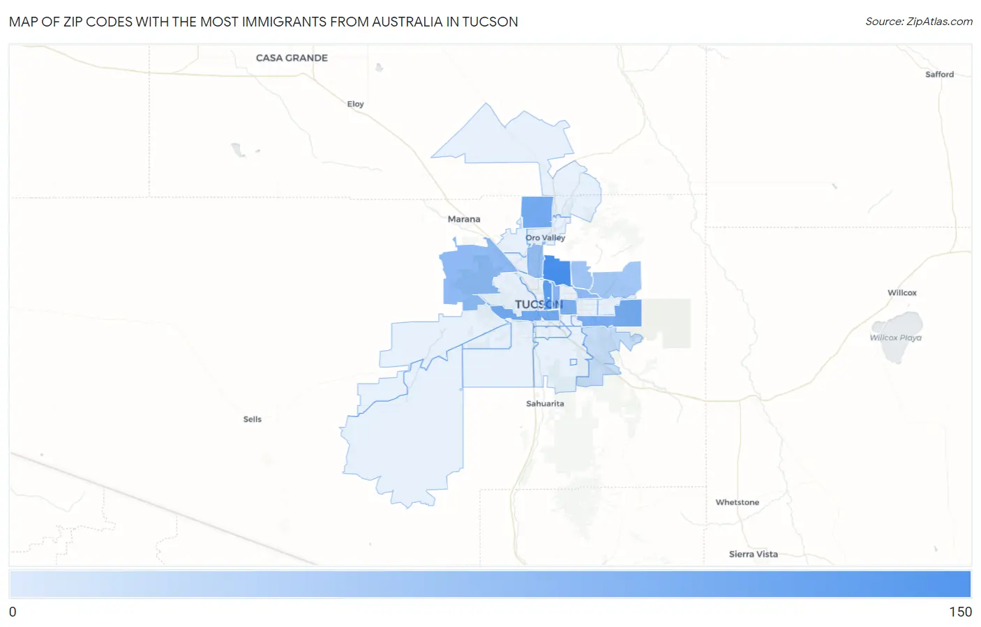 Zip Codes with the Most Immigrants from Australia in Tucson Map