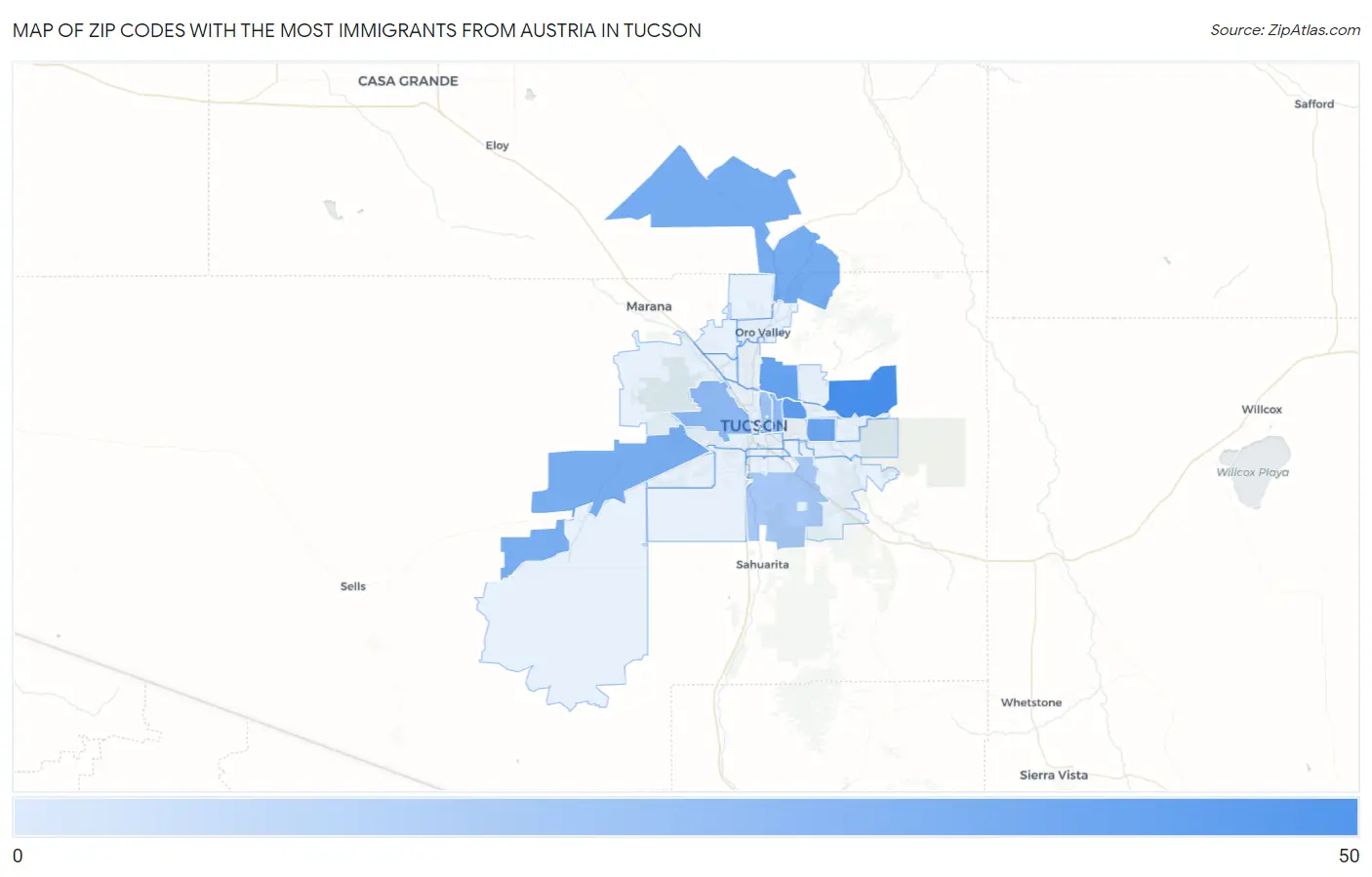 Zip Codes with the Most Immigrants from Austria in Tucson Map