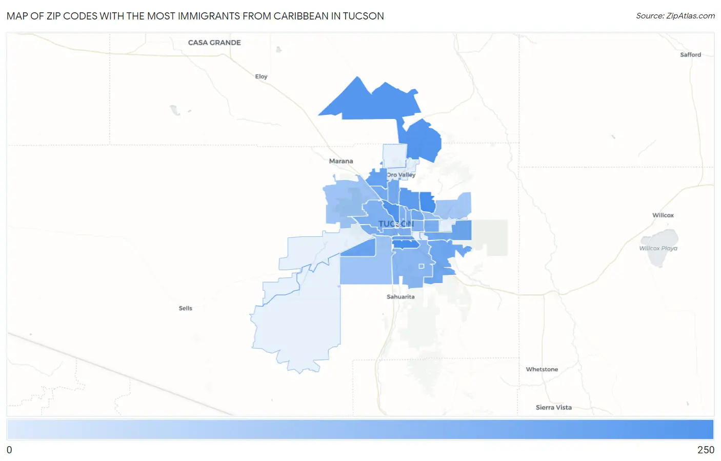 Zip Codes with the Most Immigrants from Caribbean in Tucson Map