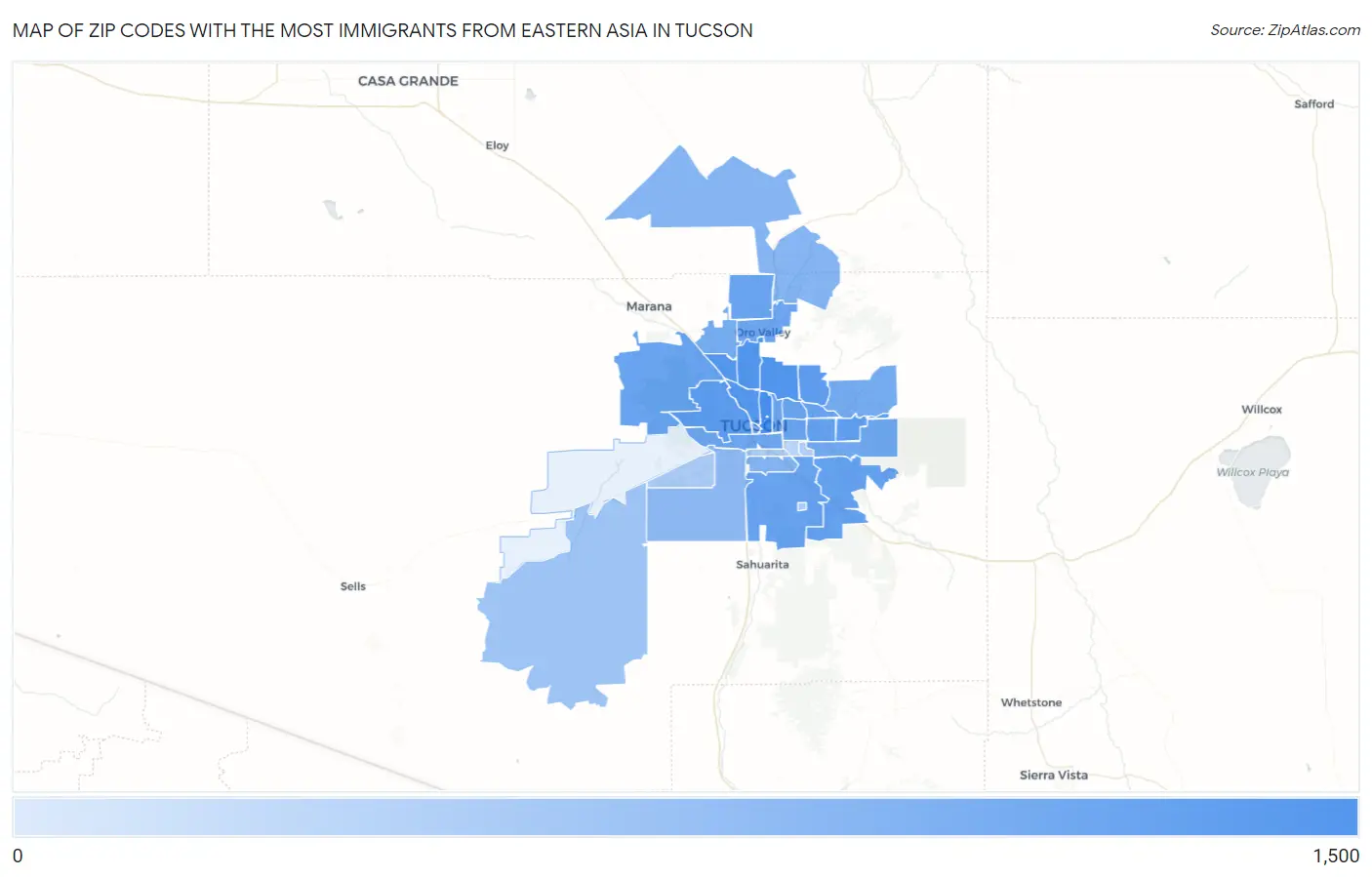 Zip Codes with the Most Immigrants from Eastern Asia in Tucson Map