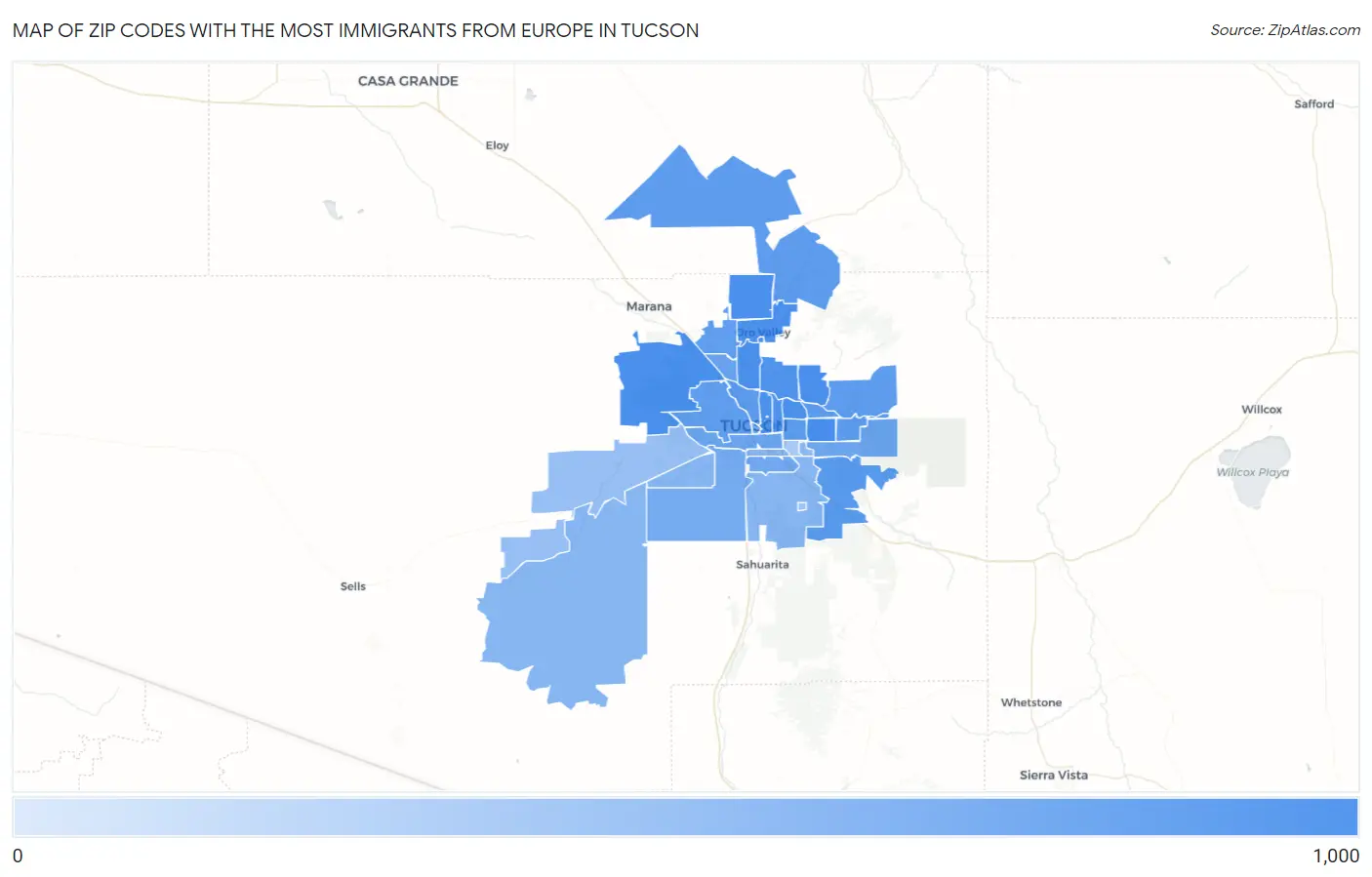 Zip Codes with the Most Immigrants from Europe in Tucson Map