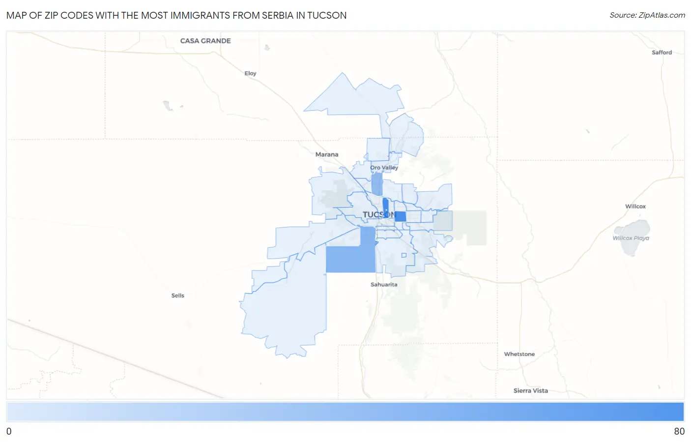 Zip Codes with the Most Immigrants from Serbia in Tucson Map