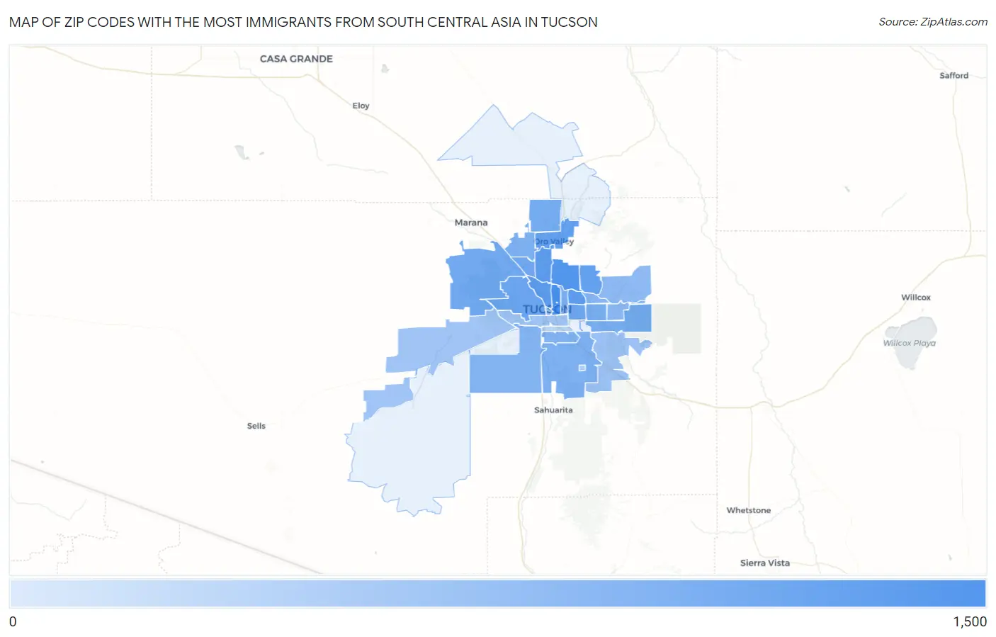 Zip Codes with the Most Immigrants from South Central Asia in Tucson Map